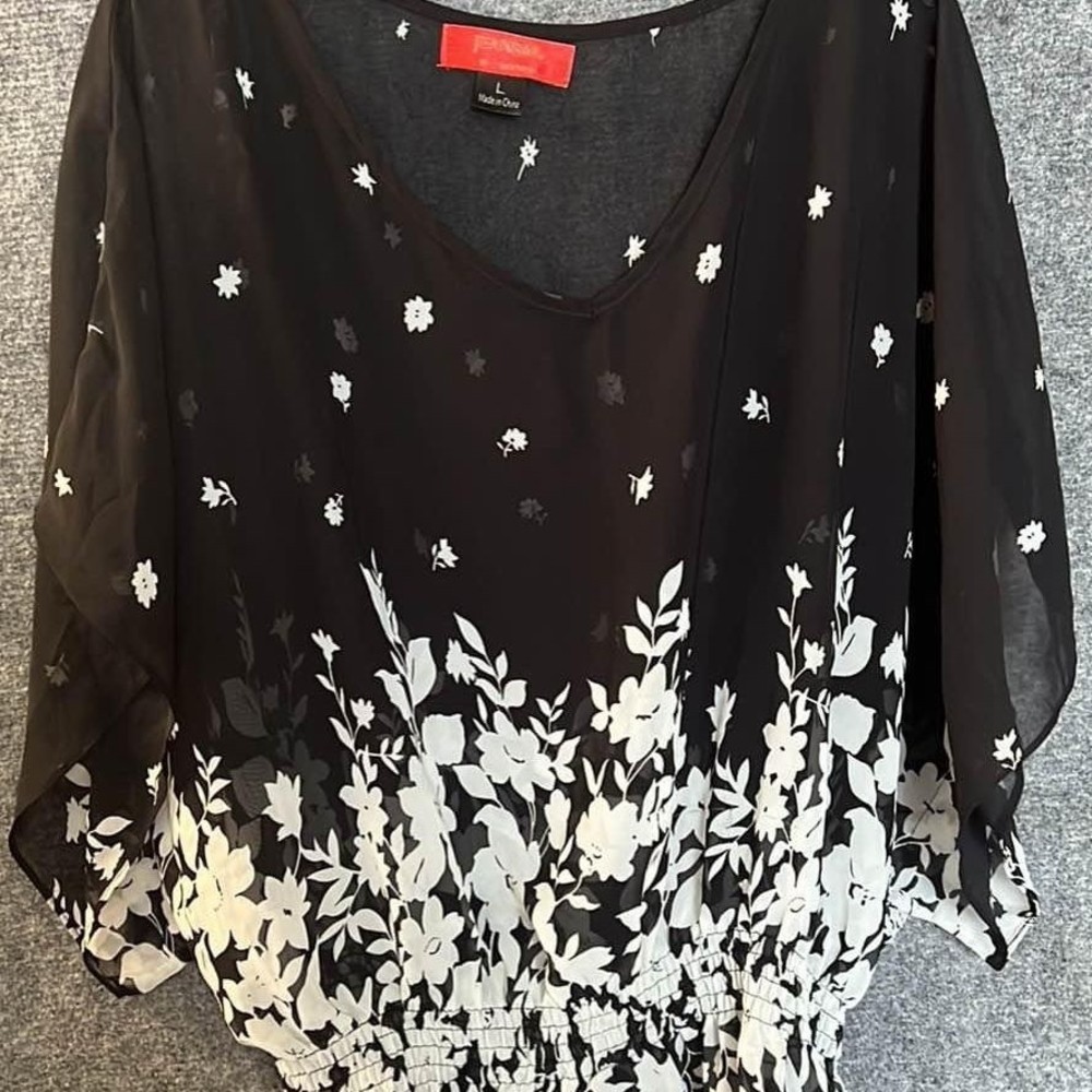 black sheer with white flowers peplum top blouse